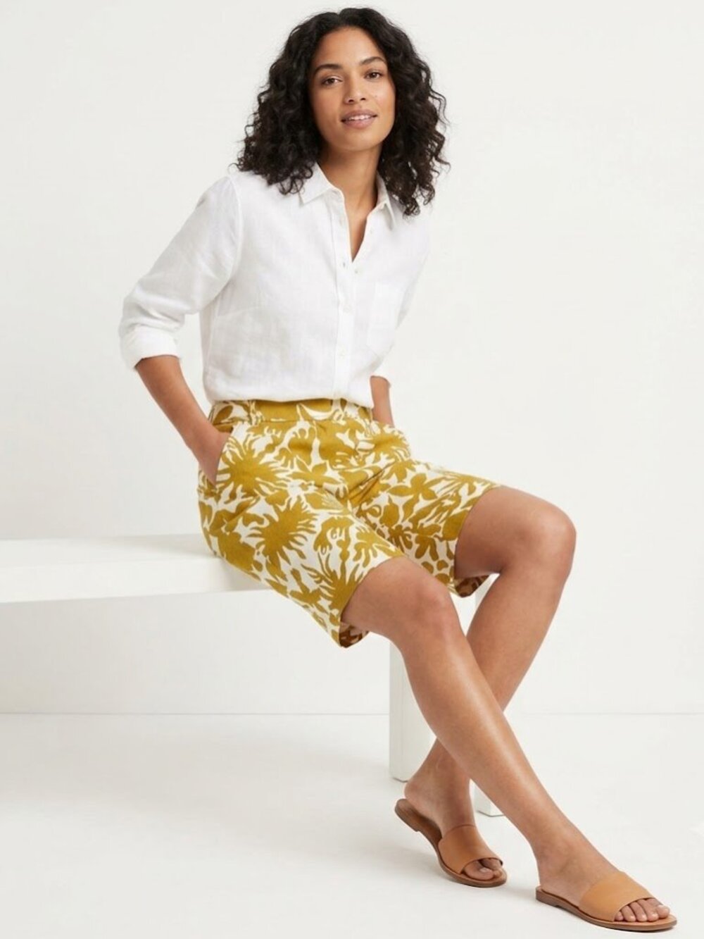J. Crew City Fit Linen Shorts Mustard Yellow and Cream 4